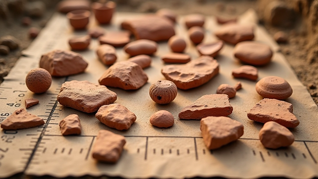 Senovinės keramikos fragmentai ant lygumos, rūdos spalvos, detalūs žemės matavimo žymekliai