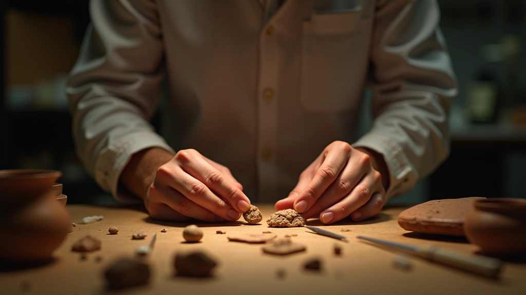 Archeologo rankomis išrašant senovinę keramiką iš žemės, laboratorinės sąlygos su šviesa ir tyrimų medžiagomis