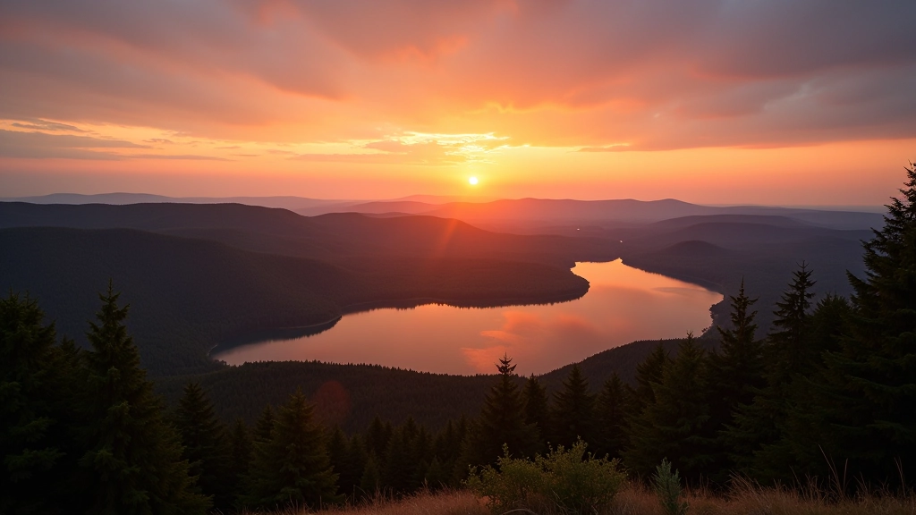 Nuo aukštos vietos matyti visa ežero ir miško panorama saulėlydžio metu