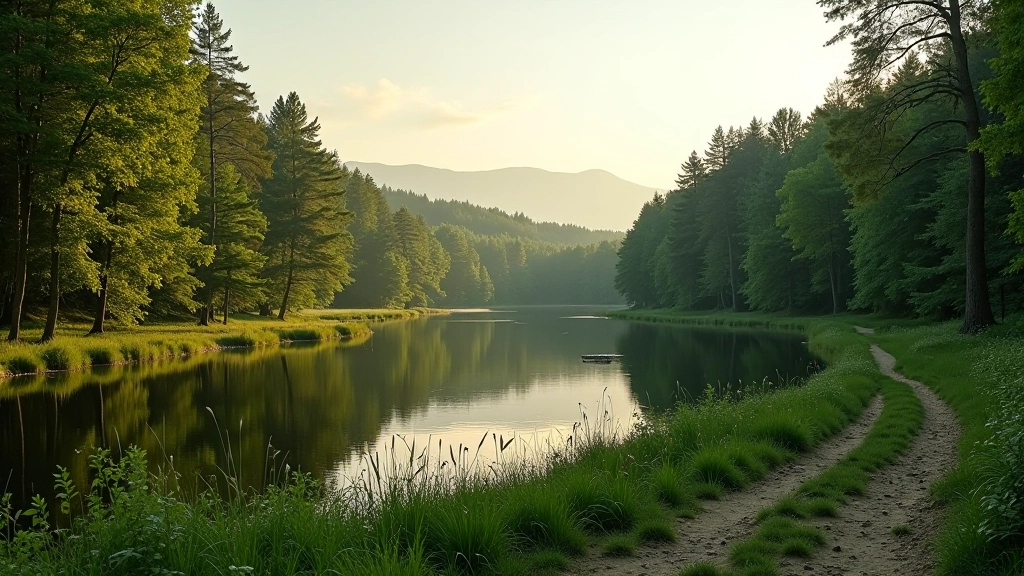 Kretuono ežero panorama su senovinės gyvenvietės vietomis ir žaliais miškais